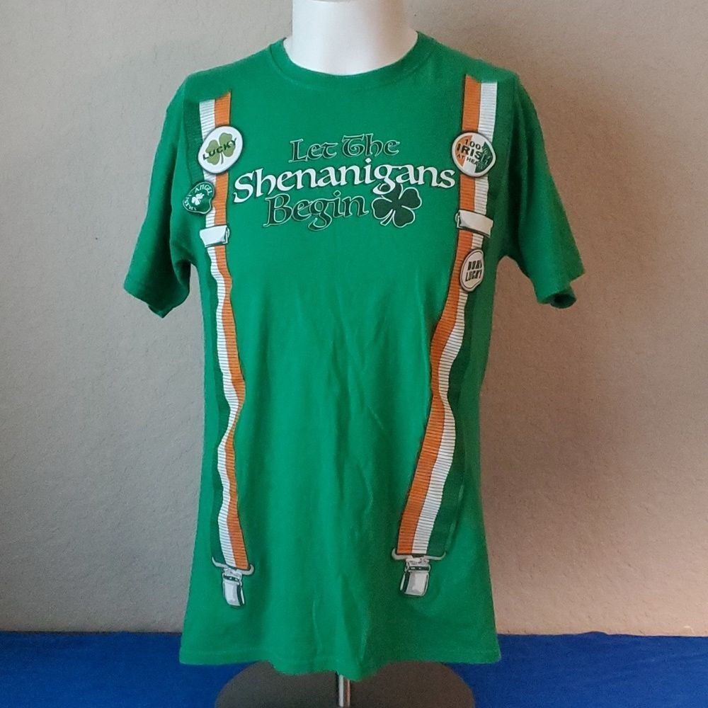 St Patricks Day Shirt Medium Green Let The Shenanigans Begin Irish Suspenders
